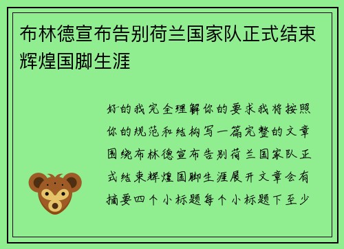 布林德宣布告别荷兰国家队正式结束辉煌国脚生涯 布林德宣布告别荷兰国家队正式结束辉煌国脚生涯