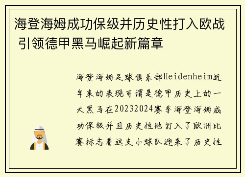 海登海姆成功保级并历史性打入欧战 引领德甲黑马崛起新篇章